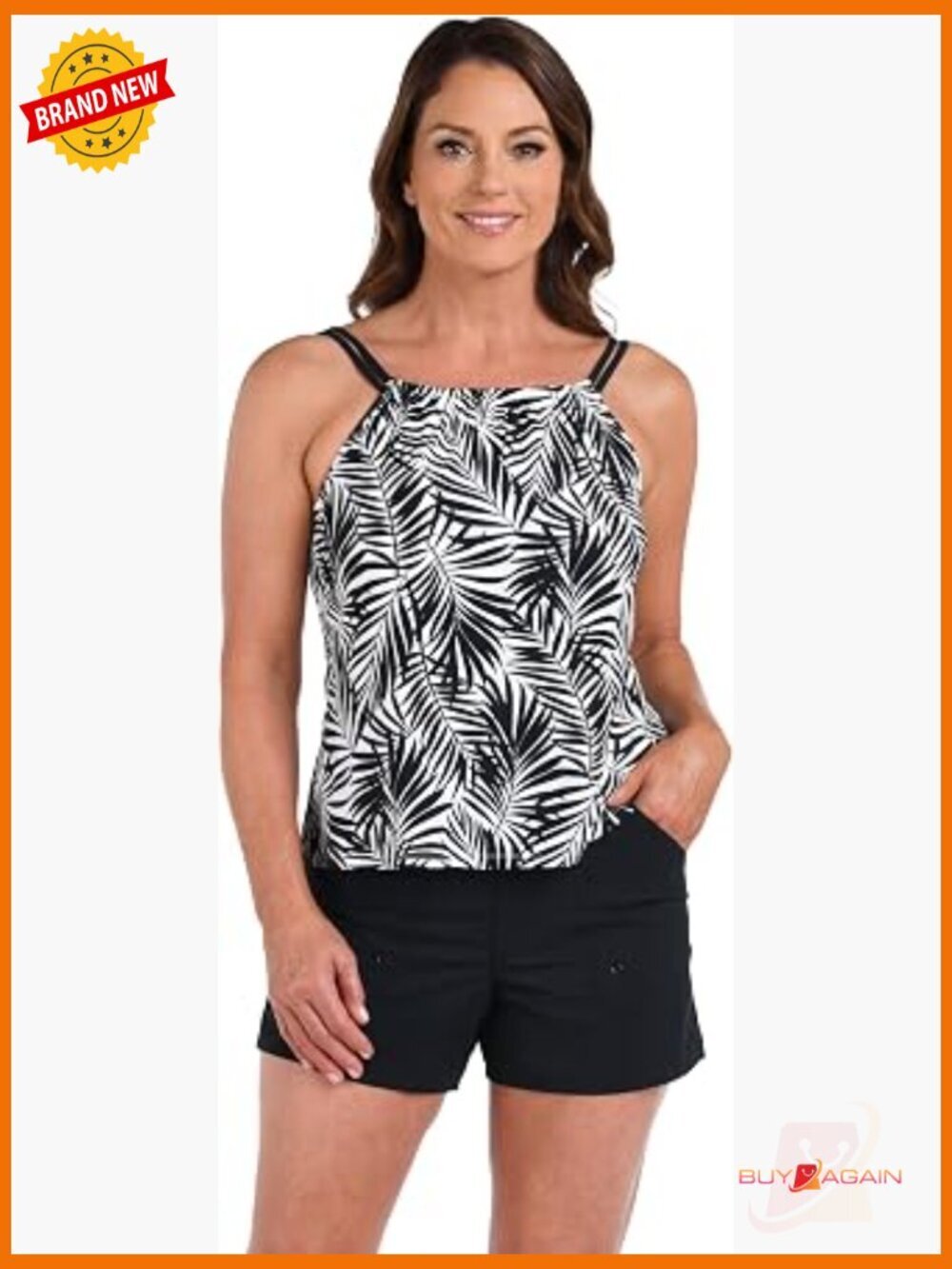 High Neck Tankini Swimsuit Top Pull On Adjustable Straps